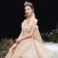 Luxury / Gorgeous Champagne Wedding Dresses 2020 Ball Gown Off-The-Shoulder Beading Sequins Rhinestone Pearl Lace Flower Short Sleeve Backless Royal Train