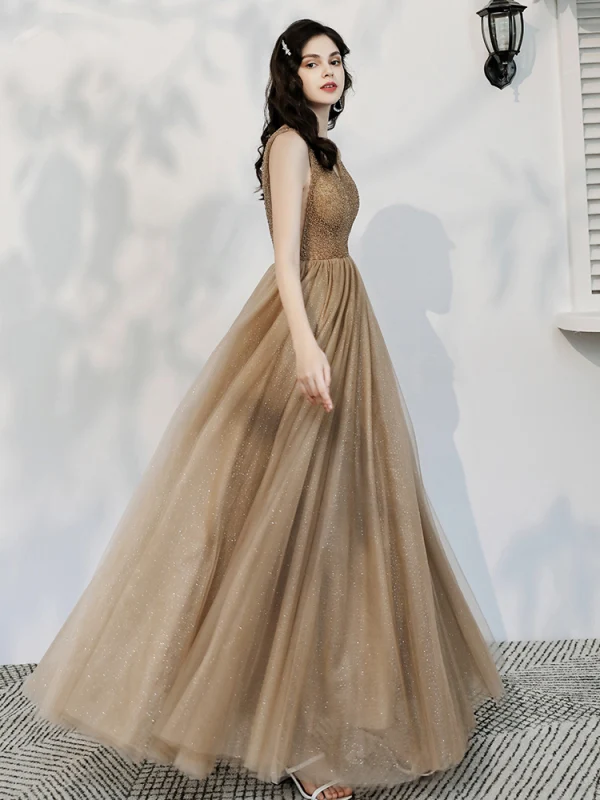 Chic / Beautiful Champagne Glitter Evening Dresses  2020 A-Line / Princess V-Neck Beading Sleeveless Backless Floor-Length / Long Formal Dresses