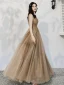 Chic / Beautiful Champagne Glitter Evening Dresses  2020 A-Line / Princess V-Neck Beading Sleeveless Backless Floor-Length / Long Formal Dresses