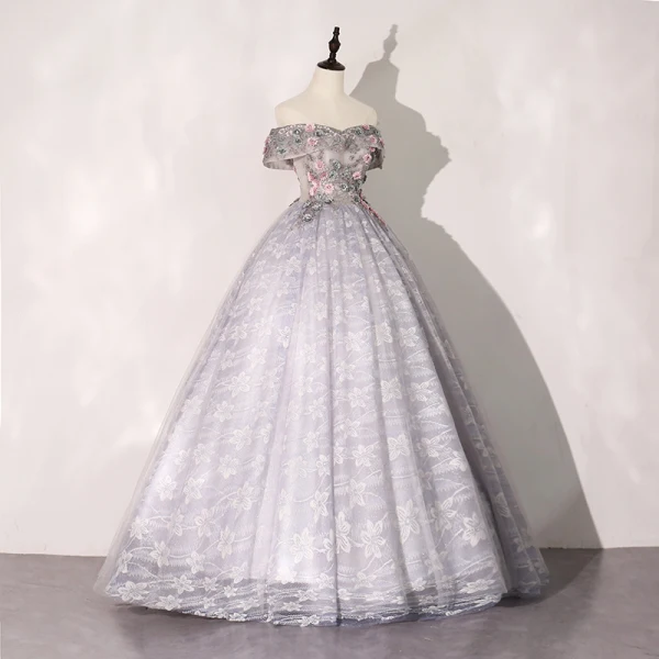 Elegant Flower Fairy Silver Grey Prom Dresses 2020 Ball Gown Off-The-Shoulder Rhinestone Lace Flower Short Sleeve Backless Floor-Length / Long Formal Dresses