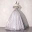 Elegant Flower Fairy Silver Grey Prom Dresses 2020 Ball Gown Off-The-Shoulder Rhinestone Lace Flower Short Sleeve Backless Floor-Length / Long Formal Dresses