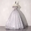 Elegant Flower Fairy Silver Grey Prom Dresses 2020 Ball Gown Off-The-Shoulder Rhinestone Lace Flower Short Sleeve Backless Floor-Length / Long Formal Dresses