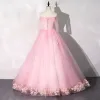 Flower Fairy Candy Pink Prom Dresses 2020 Ball Gown Off-The-Shoulder Pearl Rhinestone Appliques Lace Flower 1/2 Sleeves Backless Floor-Length / Long Formal Dresses