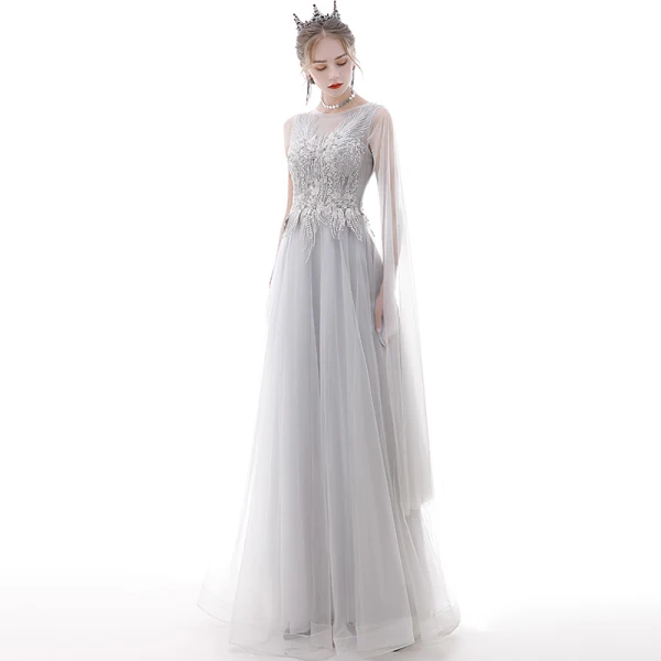 Classy Grey Prom Dresses 2020 A-Line / Princess Scoop Neck Pearl Rhinestone Sequins Lace Flower Short Sleeve Backless Floor-Length / Long Formal Dresses