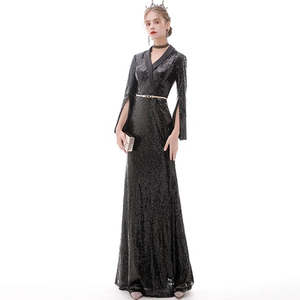 Scintillantes Noire Robe De Soirée 2020 Trompette / Sirène V-Cou Ceinture Paillettes Manches Longues Longue Robe De Ceremonie
