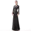 Sparkly Black Evening Dresses  2020 Trumpet / Mermaid V-Neck Sash Sequins Long Sleeve Floor-Length / Long Formal Dresses