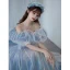 Illusion Sky Blue Cinderella Prom Dresses 2021 A-Line / Princess Off-The-Shoulder Short Sleeve Backless Sweep Train Formal Dresses
