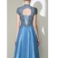 Elegant Pool Blue Prom Dresses 2020 A-Line / Princess High Neck Beading Rhinestone Short Sleeve Backless Floor-Length / Long Formal Dresses