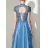 Elegant Pool Blue Prom Dresses 2020 A-Line / Princess High Neck Beading Rhinestone Short Sleeve Backless Floor-Length / Long Formal Dresses