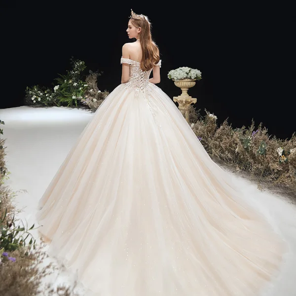 Charming Champagne Wedding Dresses 2020 Ball Gown Off-The-Shoulder Beading Lace Flower Sleeveless Backless Chapel Train