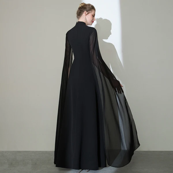 Style Chinois Noire Robe De Soirée 2020 Trompette / Sirène Col Haut Appliques En Dentelle Manches Courtes Fendue devant Longue Robe De Ceremonie