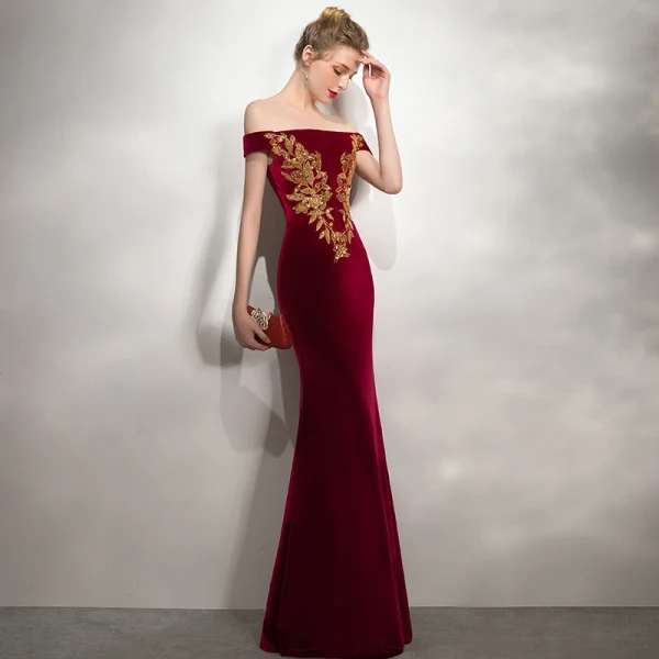 Charming Burgundy Evening Dresses 2020 Trumpet / Mermaid Suede Off-The-Shoulder Gold Lace Flower Beading Sequins Sleeveless Backless Floor-Length / Long