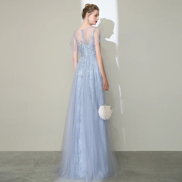 High-end Silver Handmade Evening Dresses 2020 A-Line / Princess Scoop Neck Beading Rhinestone Sequins Short Sleeve Floor-Length / Long Formal Dresses