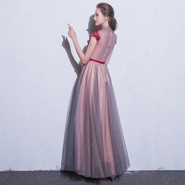 Chic / Beautiful Burgundy Evening Dresses 2018 A-Line / Princess Appliques Lace Flower Crystal Bow High Neck Short Sleeve Floor-Length / Long Formal Dresses