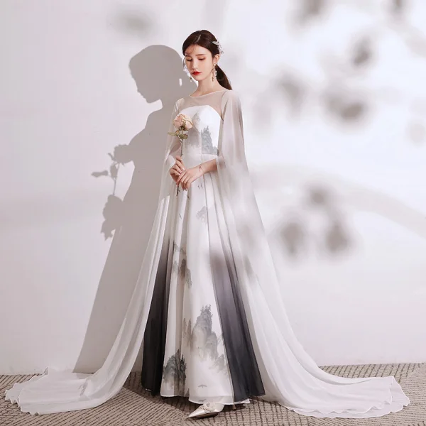 Chinesischer Stil Farbverlauf Ivory / Creme Drucken Abendkleider 2021 A Linie Rundhalsausschnitt Kurze Ärmel Lange Festliche Kleider