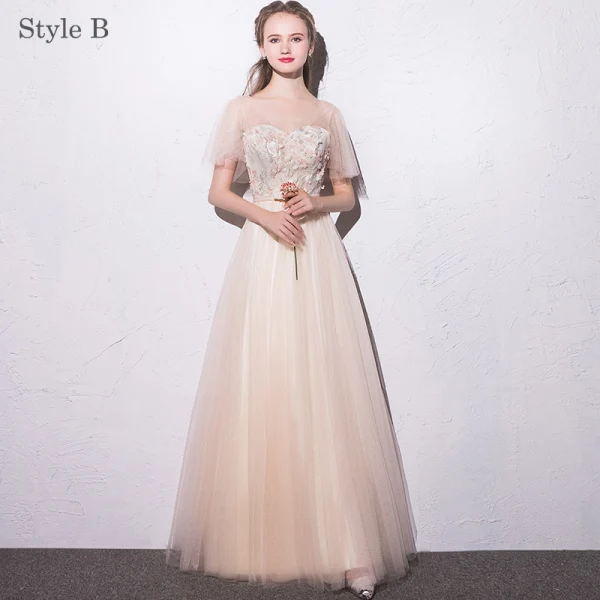 Chic / Beautiful Champagne Bridesmaid Dresses 2018 A-Line / Princess Appliques Bow Scoop Neck Backless Short Sleeve Floor-Length / Long Wedding Party Dresses
