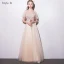 Chic / Beautiful Champagne Bridesmaid Dresses 2018 A-Line / Princess Appliques Bow Scoop Neck Backless Short Sleeve Floor-Length / Long Wedding Party Dresses