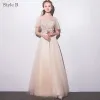 Chic / Beautiful Champagne Bridesmaid Dresses 2018 A-Line / Princess Appliques Bow Scoop Neck Backless Short Sleeve Floor-Length / Long Wedding Party Dresses