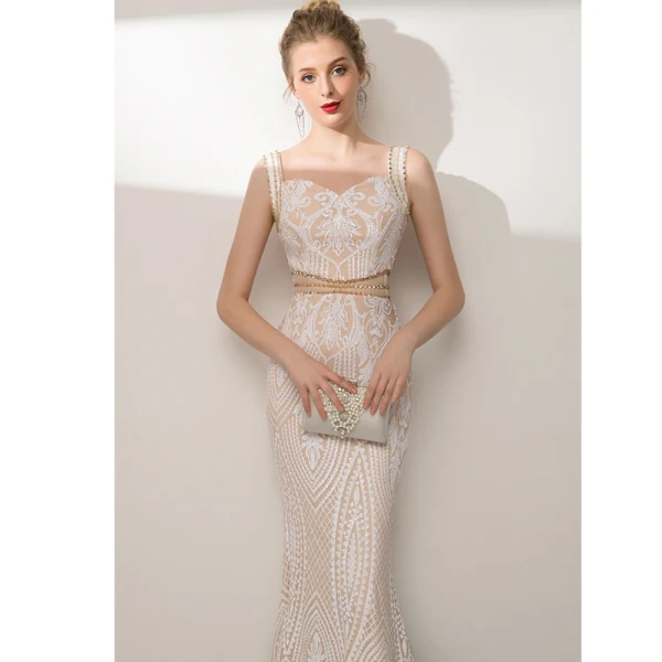 Charmant Scintillantes Champagne Robe De Soirée 2020 Trompette / Sirène Encolure Carrée Perlage Paillettes Faux Diamant Dos Nu Sans Manches Longue Robe De Ceremonie