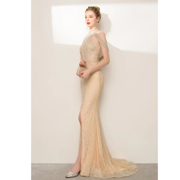 Luxe Scintillantes Champagne Robe De Soirée 2020 Trompette / Sirène Titulaire Fait main Perlage Paillettes Faux Diamant Sans Manches Fendue devant Train De Balayage Robe De Ceremonie