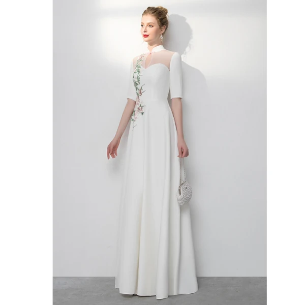 Style Chinois Ivoire Robe De Soirée 2020 Princesse Col Haut Brodé 1/2 Manches Longue Robe De Ceremonie