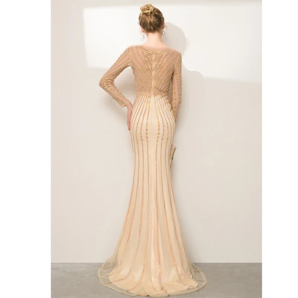 High-end Champagne Rhinestone Evening Dresses  2020 Trumpet / Mermaid Scoop Neck Long Sleeve Floor-Length / Long Formal Dresses