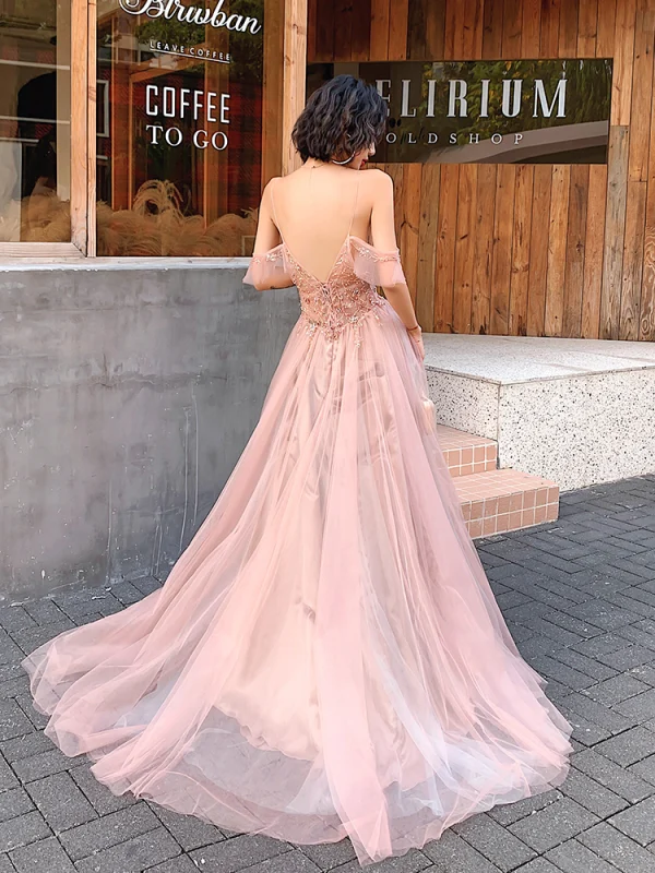 Sexy Rosa Abendkleider 2020 A Linie Spaghettiträger Perlenstickerei Perle Strass Pailletten Ärmellos Rückenfreies Gespaltete Front Lange Festliche Kleider