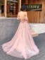 Sexy Rosa Abendkleider 2020 A Linie Spaghettiträger Perlenstickerei Perle Strass Pailletten Ärmellos Rückenfreies Gespaltete Front Lange Festliche Kleider