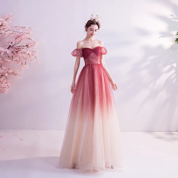Charmant Bordeaux Dégradé De Couleur Glitter Robe De Bal 2020 Princesse De l'épaule Cristal Paillettes Manches Courtes Dos Nu Longue Robe De Ceremonie
