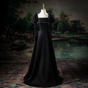 Élégant Noire Perle Robe De Bal 2025 Princesse Encolure Carrée Manches Courtes Dos Nu Longue Promo Robe De Ceremonie
