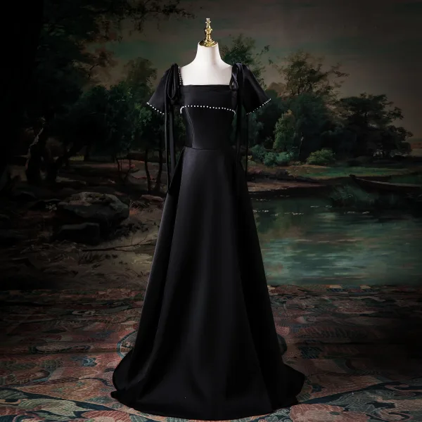 Elegant Black Pearl Prom Dresses 2025 A-Line / Princess Square Neckline Short Sleeve Backless Floor-Length / Long Prom Formal Dresses