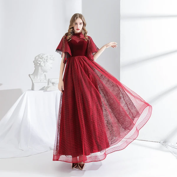 Elegant Burgundy Evening Dresses  2020 A-Line / Princess Suede High Neck Spotted Short Sleeve Backless Floor-Length / Long Formal Dresses