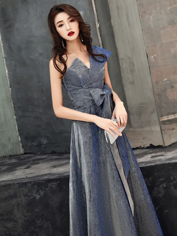 Glitzernden Marineblau Glanz Abendkleider 2020 A Linie One-Shoulder Schleife Ärmellos Rückenfreies Lange Festliche Kleider