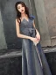 Glitzernden Marineblau Glanz Abendkleider 2020 A Linie One-Shoulder Schleife Ärmellos Rückenfreies Lange Festliche Kleider