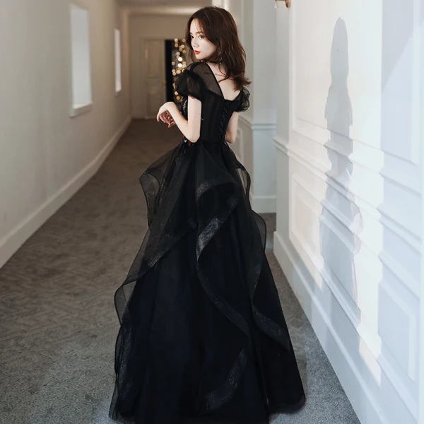 Fashion Black Evening Dresses  2020 A-Line / Princess V-Neck Rhinestone Sequins Lace Flower Short Sleeve Backless Cascading Ruffles Floor-Length / Long Formal Dresses