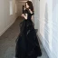 Fashion Black Evening Dresses  2020 A-Line / Princess V-Neck Rhinestone Sequins Lace Flower Short Sleeve Backless Cascading Ruffles Floor-Length / Long Formal Dresses