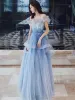 Chic / Beautiful Pool Blue Glitter Evening Dresses  2020 A-Line / Princess Off-The-Shoulder Sequins Sleeveless Backless Cascading Ruffles Floor-Length / Long Formal Dresses