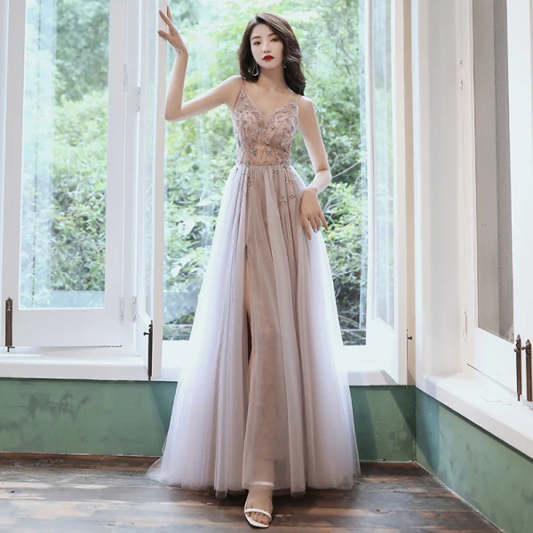 Mode Nues Robe De Bal 2020 Princesse Bretelles Spaghetti Perlage Faux Diamant Paillettes Sans Manches Dos Nu Fendue devant Longue Robe De Ceremonie