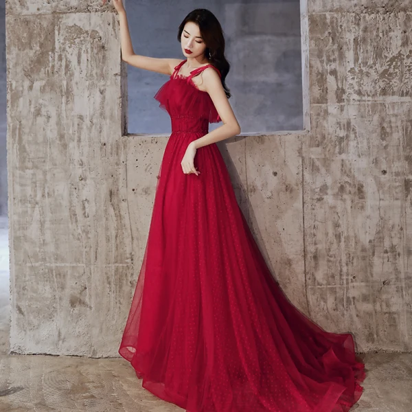 Chic / Beautiful Burgundy Evening Dresses 2020 A-Line / Princess Spaghetti Straps Beading Crystal Sleeveless Backless Floor-Length / Long Formal Dresses