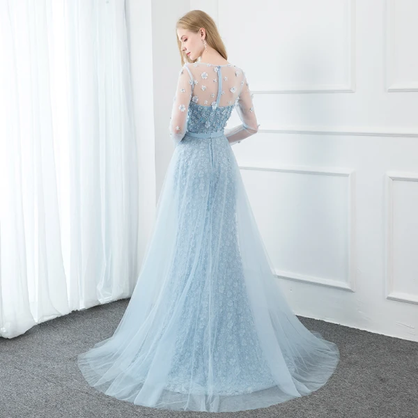 Fabuleux Bleu Ciel Robe De Soirée 2020 Trompette / Sirène Encolure Dégagée Perle Faux Diamant En Dentelle Fleur Appliques Manches Longues Longue Robe De Ceremonie