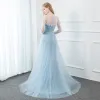 Fabulous Sky Blue Evening Dresses  2020 Trumpet / Mermaid Scoop Neck Pearl Rhinestone Lace Flower Appliques Long Sleeve Floor-Length / Long Formal Dresses