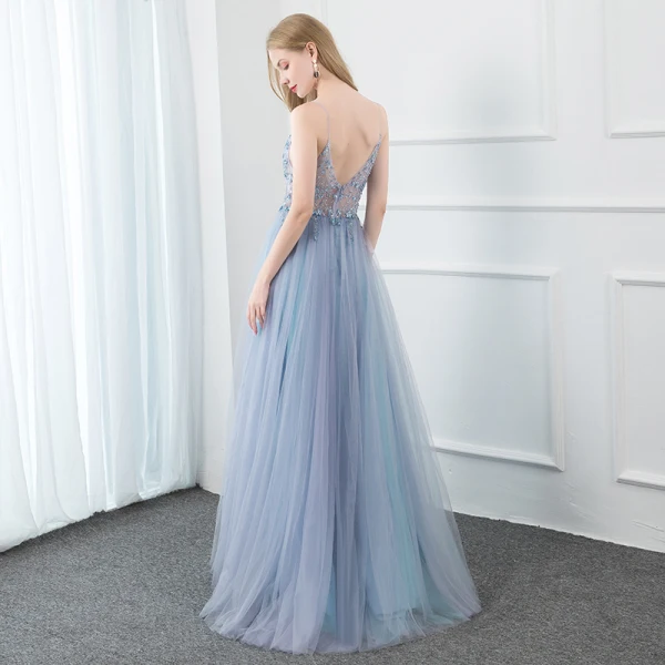 Sexy Himmelblau Ballkleider 2020 A Linie Spaghettiträger Perlenstickerei Kristall Pailletten Perle Ärmellos Rückenfreies Gespaltete Front Lange Festliche Kleider