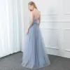 Sexy Bleu Ciel Robe De Bal 2020 Princesse Bretelles Spaghetti Perlage Cristal Paillettes Perle Sans Manches Dos Nu Fendue devant Longue Robe De Ceremonie