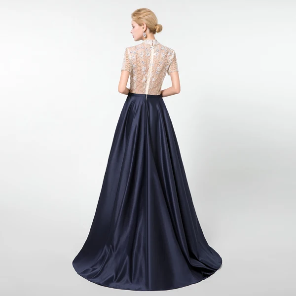 Vintage / Originale Bleu Marine Fait main Perlage Robe De Soirée 2020 Princesse Col Haut Faux Diamant Cristal Paillettes Manches Courtes Longue Robe De Ceremonie