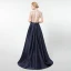 Vintage / Originale Bleu Marine Fait main Perlage Robe De Soirée 2020 Princesse Col Haut Faux Diamant Cristal Paillettes Manches Courtes Longue Robe De Ceremonie