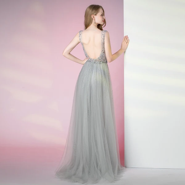 Charmant Gris Robe De Soirée 2020 Trompette / Sirène Col v profond Perlage Cristal Faux Diamant Paillettes Sans Manches Dos Nu Longue Robe De Ceremonie