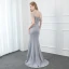 Elegante Silber Grau Abendkleider 2020 Meerjungfrau Stehkragen Perlenstickerei Quaste Kurze Ärmel Rückenfreies Sweep / Pinsel Zug Festliche Kleider