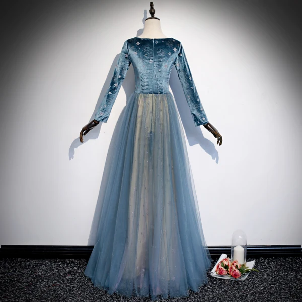Elegant Pool Blue Star Prom Dresses 2020 A-Line / Princess Suede V-Neck Long Sleeve Floor-Length / Long Formal Dresses
