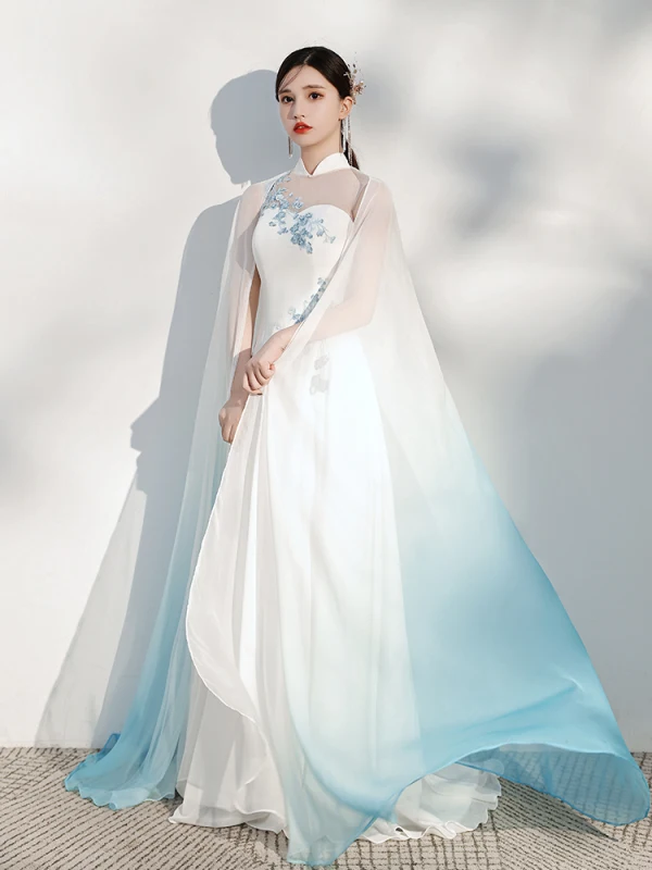 Chinese style Ivory Silk Cheongsam / Qipao Evening Dresses  2021 A-Line / Princess shawl High Neck Lace Flower Sleeveless Floor-Length / Long Formal Dresses