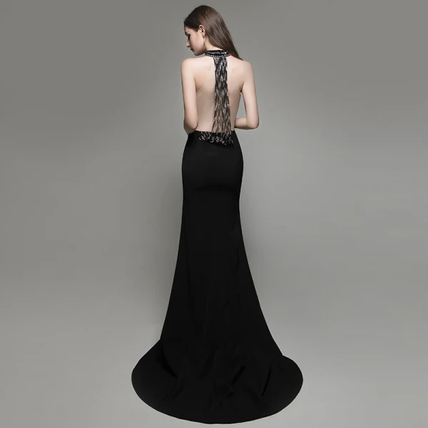 Sexy Couleur Unie Noire Robe De Soirée 2020 Trompette / Sirène Titulaire Perlage Sans Manches Dos Nu Train De Balayage Robe De Ceremonie